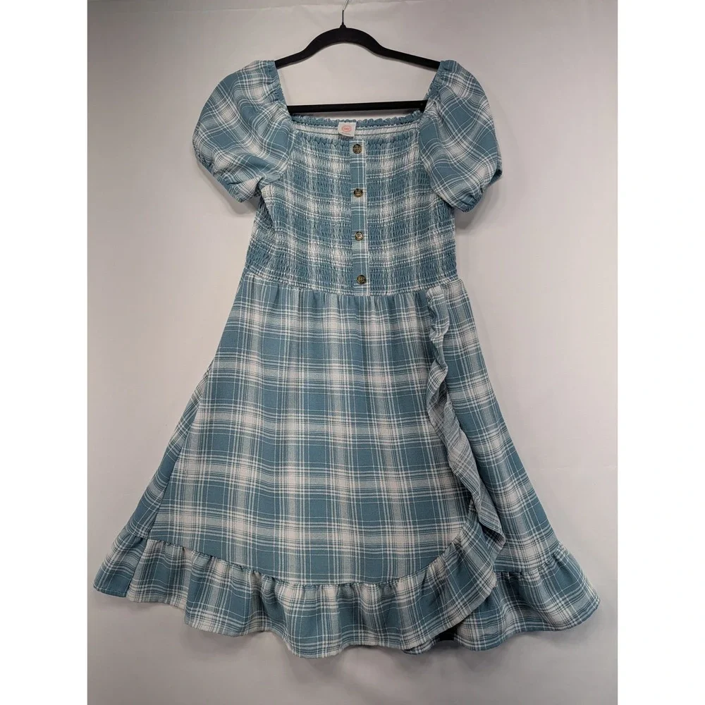 Wonder Nation Girls Plaid‎ Smocked Square Neck Ruffle Dress XL 14 16 Blue White